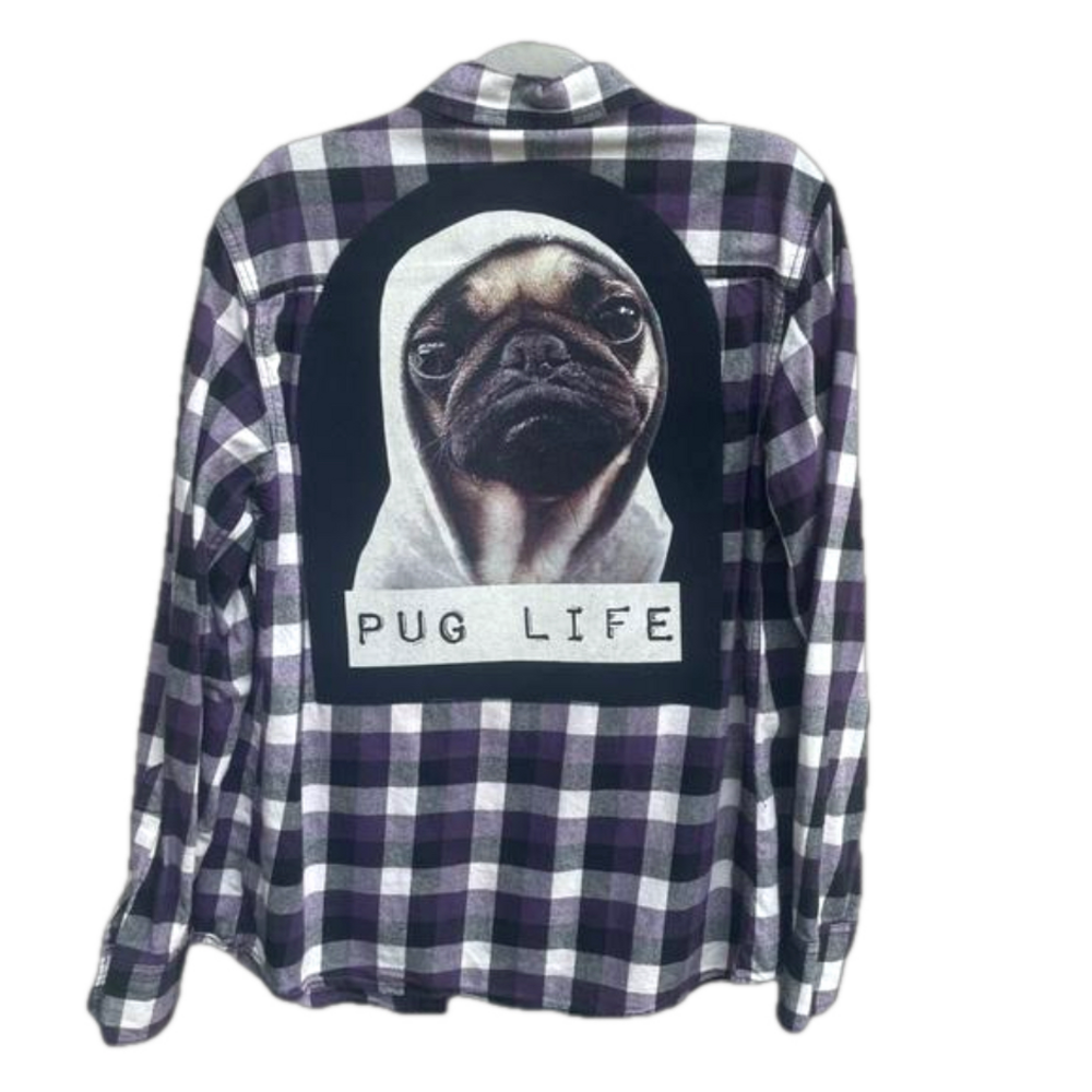 Mossimo Upcycled Pug Life Plaid Button Down Flannel Size Medium